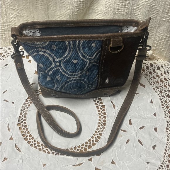 Myra Blue and Brown Cowhide Crossbody Bag - Picture 7 of 12